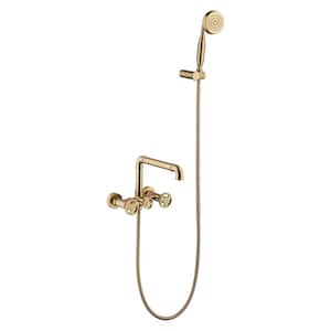2-Handle Claw Foot Tub Faucet with Hand Shower Brass Wall Mount Tub Filler with 360-Degree Swivel Spout in Brushed Gold