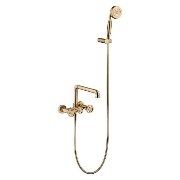 FLG 2-Handle Claw Foot Tub Faucet with Hand Shower Brass Wall Mount Tub Filler with 360-Degree Swivel Spout in Brushed Gold
