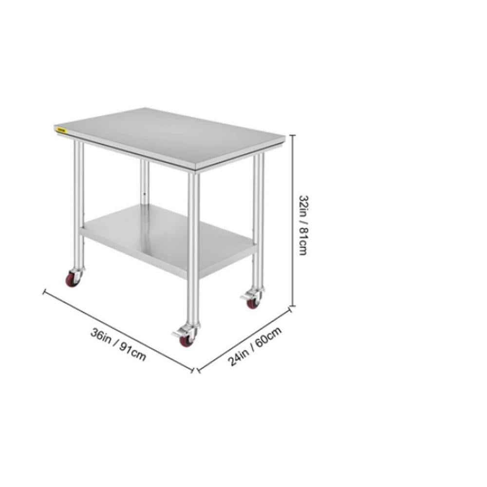 36-Inch Stainless Steel Kitchen Prep Table with Undershelf and Casters