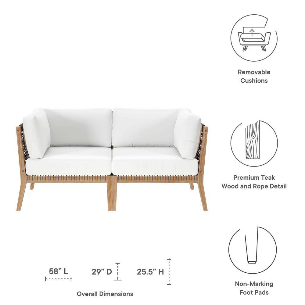 Clearwater Teak Wood Two-Seat Sectional with White Cushions