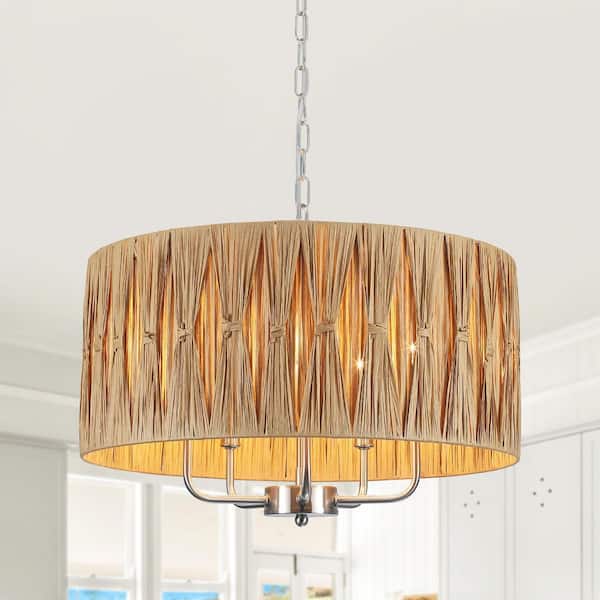 5-Light Nickel Candle Design Hanging Linear Chandelier Lighting Fixture with Lafite Shade for Kitchen Island