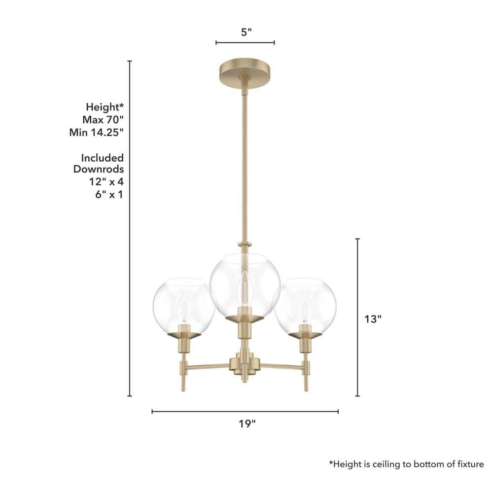 Alturas Gold Mid-Century Modern 3-Light Chandelier with Clear Glass Shades