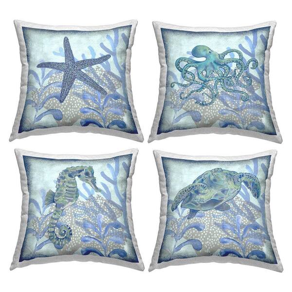 Blue Detailed Sea Life Underwater Blue Square Outdoor Throw Pillow 4-Pack