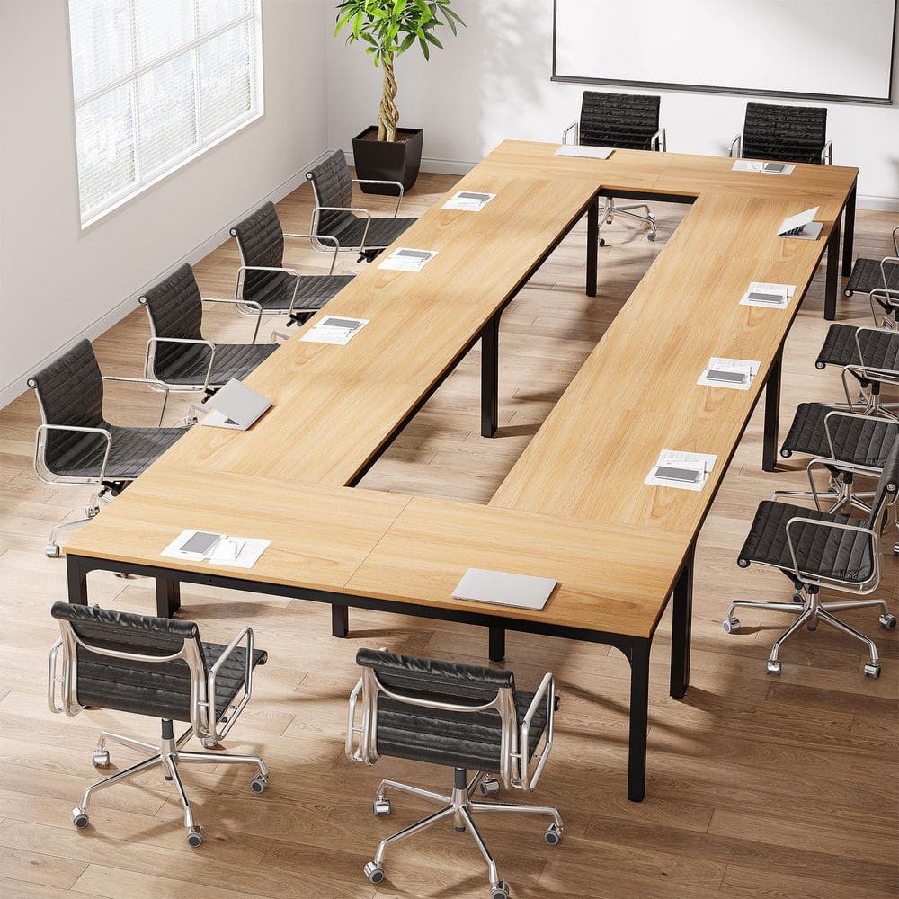 Moroni 78.7 in. Oak & Black Wood Computer Desk, Rectangular Conference Table Seminar Table for 6-8 People, 6PCS
