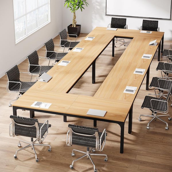 Moroni 78.7 in. Oak & Black Wood Computer Desk, Rectangular Conference Table Seminar Table for 6-8 People, 6PCS