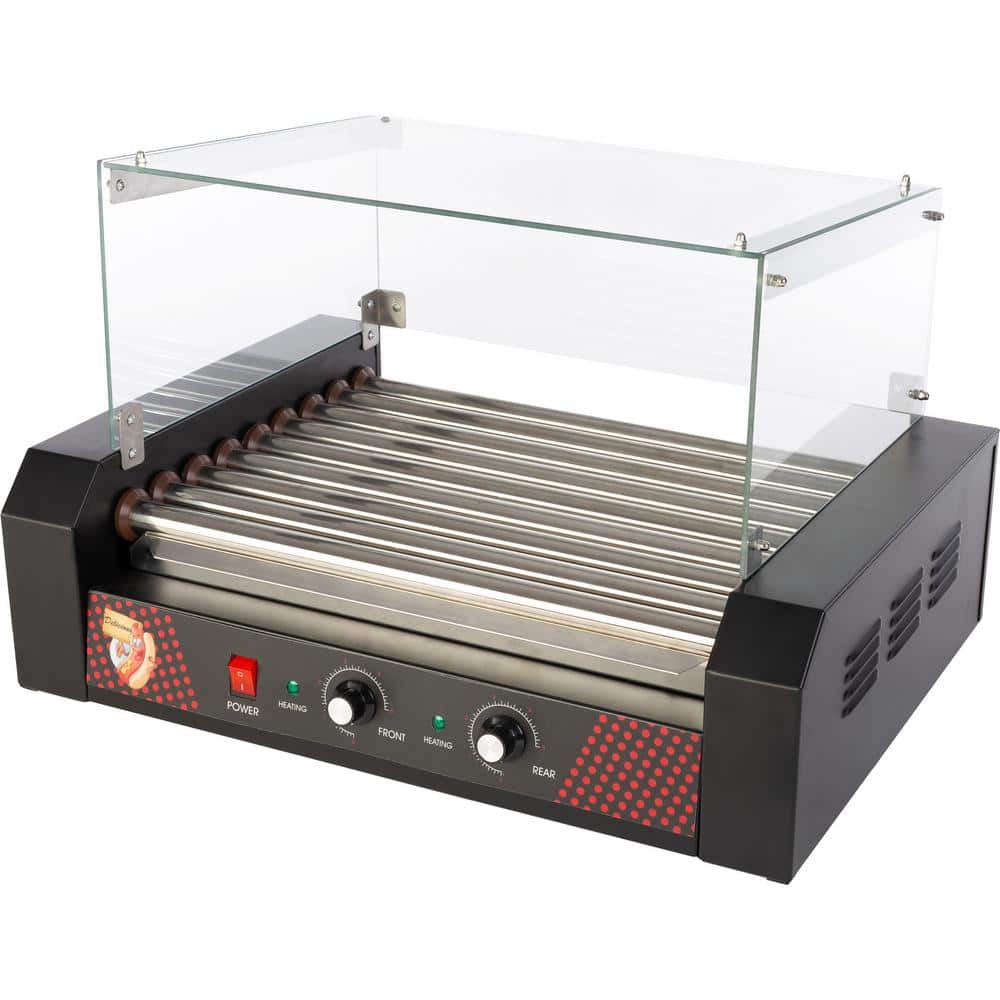 Hot Dog Roller Machine with Cover - 1170W Stainless-Steel Cooker with 9 Rollers - 24 Hotdog Capacity Electric Grill