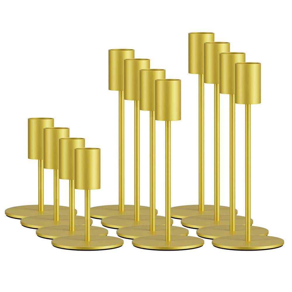 Set of 12 Gold Metal Taper Candle Holders-Bulk Decor for Table/Mantel, Wedding, Dining, Party WK1029