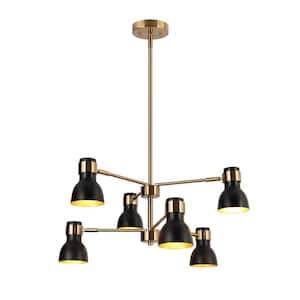 Suddly 6-Light Modern Brass Gold Adjustable Chandelier, Industrial Two Tiers Hanging Pendant with Black Cone Metal Shade