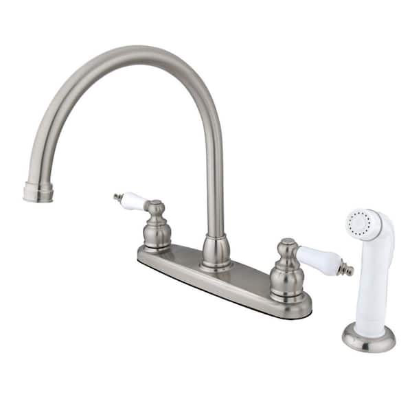 Kingston Brass Vintage 2-Handle Deck Mount Centerset Kitchen Faucets with Side Sprayer in Brushed Nickel