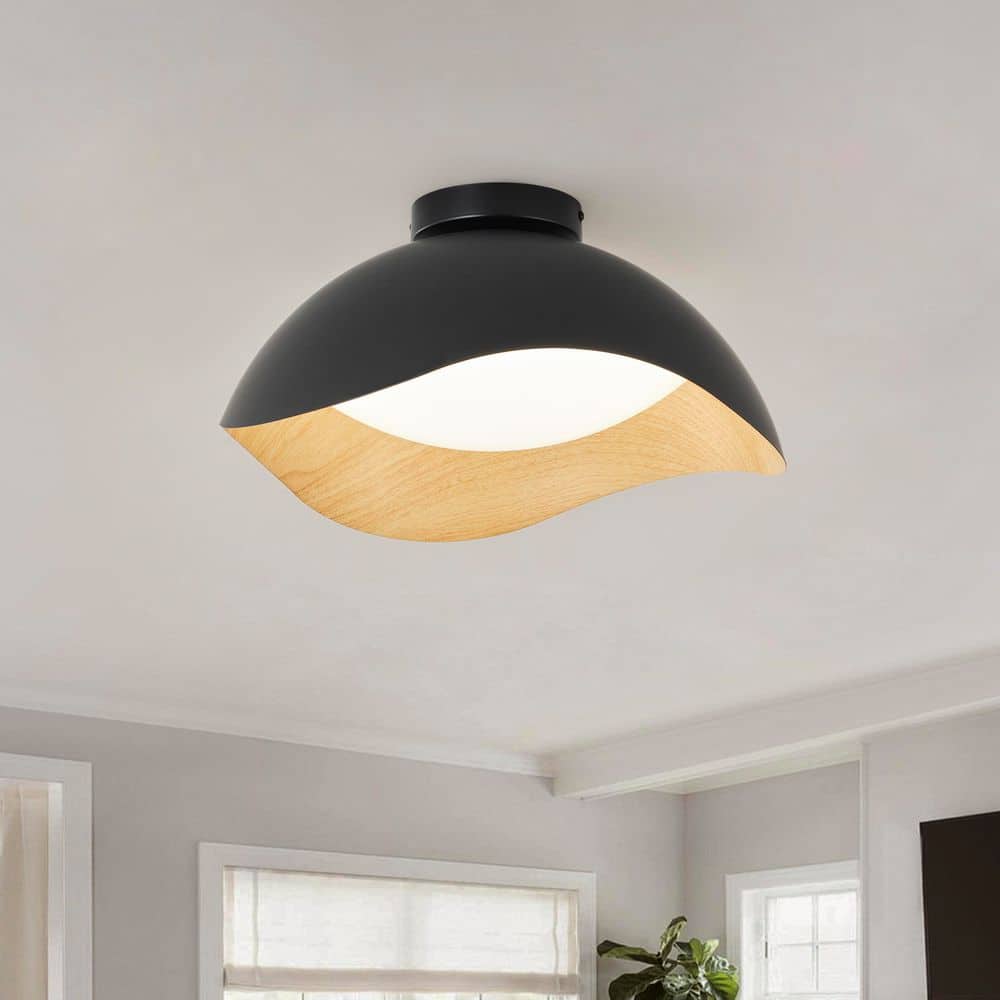 Modern 14.96 in. Matte Black Integrated LED Semi-Flush Mount with Painted Wood-Grain Close to Ceiling Lamp price history on PriceWatchPro