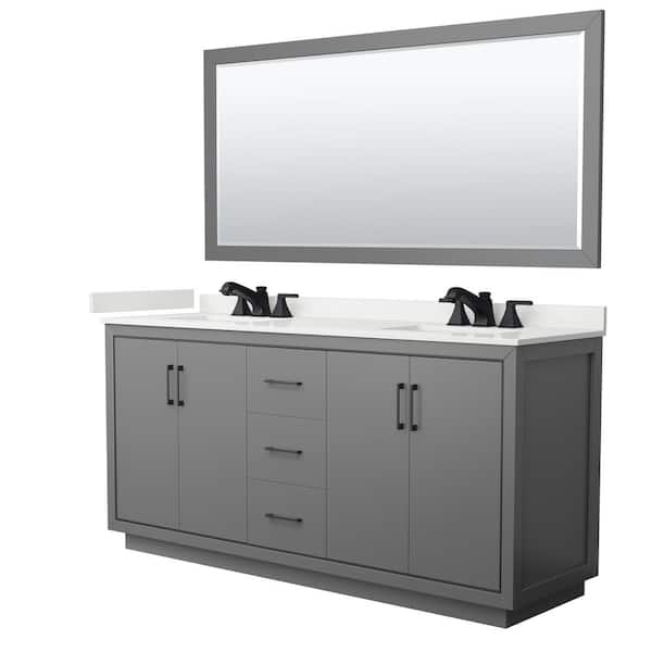 Wyndham Collection Icon 72 in. W x 22 in. D x 35 in. H Double Bath Vanity in Dark Gray with White Quartz Top and 70 in. Mirror