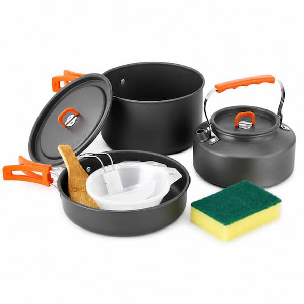 10-Piece Aluminum Nonstick Cookware Set with Kettle, Fry Pan, Bowls, Soup Spoon for Camping