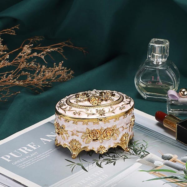Vintage Oval Trinket Organizer Ring Box Case with Rose Pattern