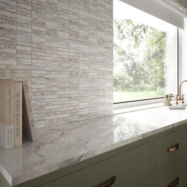 Calico Stack Cream 12 in. x 12 in. Rectangle Polished Marble Wall and Floor Mosaic Tile (1 sq. ft./Each)