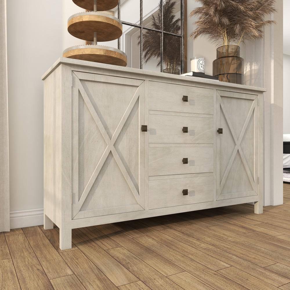 Daisy White Distressed Farmhouse Sideboard with X-Design Doors