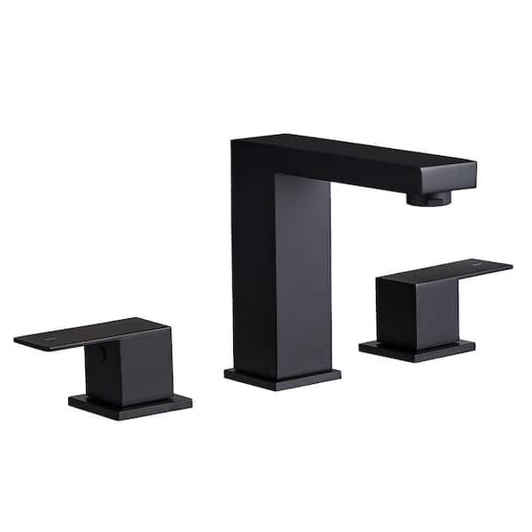 Deck Mount 8 in. Widespread Double Handle Bathroom Faucet, Square 3-Hole Bathroom Sink Faucet in Matte Black