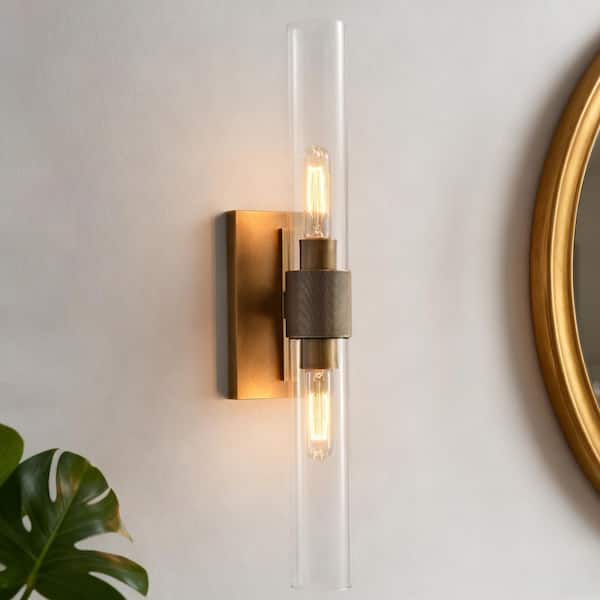 22.8 in. 2-Light Knurled Brass Gold Wall Sconces with Glass, Vanity Light for Living Room, Bathroom, Bedroom (Set of 2)