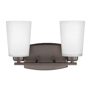 Franport 13 in. 2-Light Bronze Traditional Chic Wall Bathroom Vanity Light with Etched White Glass Shades