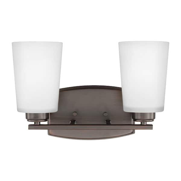 Generation Lighting Franport 13 in. 2-Light Bronze Traditional Chic Wall Bathroom Vanity Light with Etched White Glass Shades