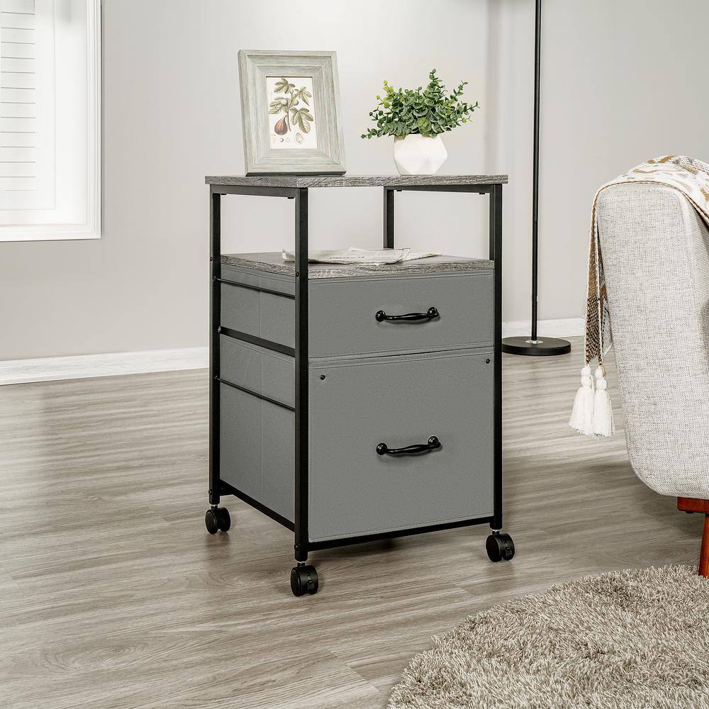 Gray Metal and Wood Rolling 2-Drawer Nightstand
