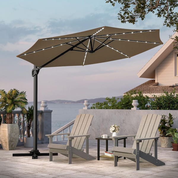 10 ft. LED Round Cantilever Umbrella Solution-Dyed Fabric, Metal Frame and Innovative 360° Rotation System in Taupe