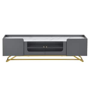 Modern Grey TV Stand Fits TV's up to 70 in. with Fluted Glass, Gold Frame Base