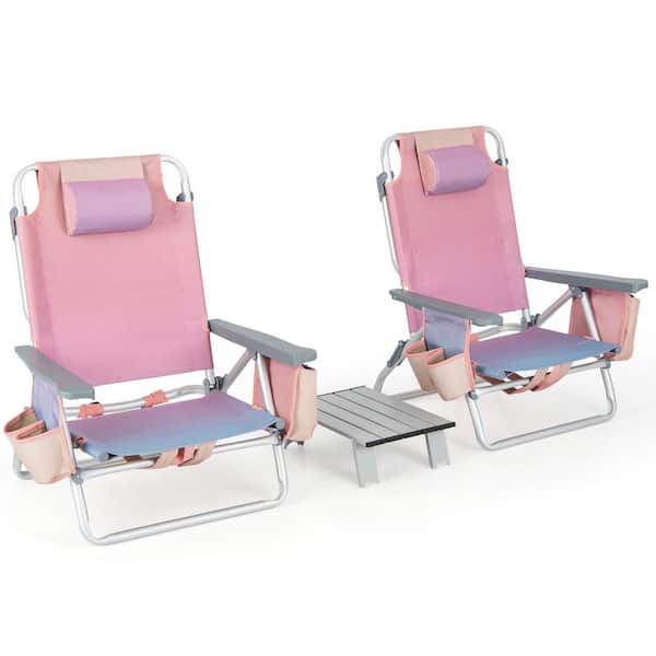 ANGELES HOME 2-Packs Pink Aluminum 5-Position Outdoor Folding Backpack Beach Chair with Table
