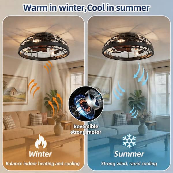 JUSHENG 19.7 in. 4-Light Black Caged Flush Mount Ceiling Fan with