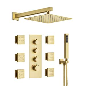 7-Spray Patterns Shower Faucet Set 12 in. Wall Mount Dual Shower Heads with 6-Jets in Brushed Gold