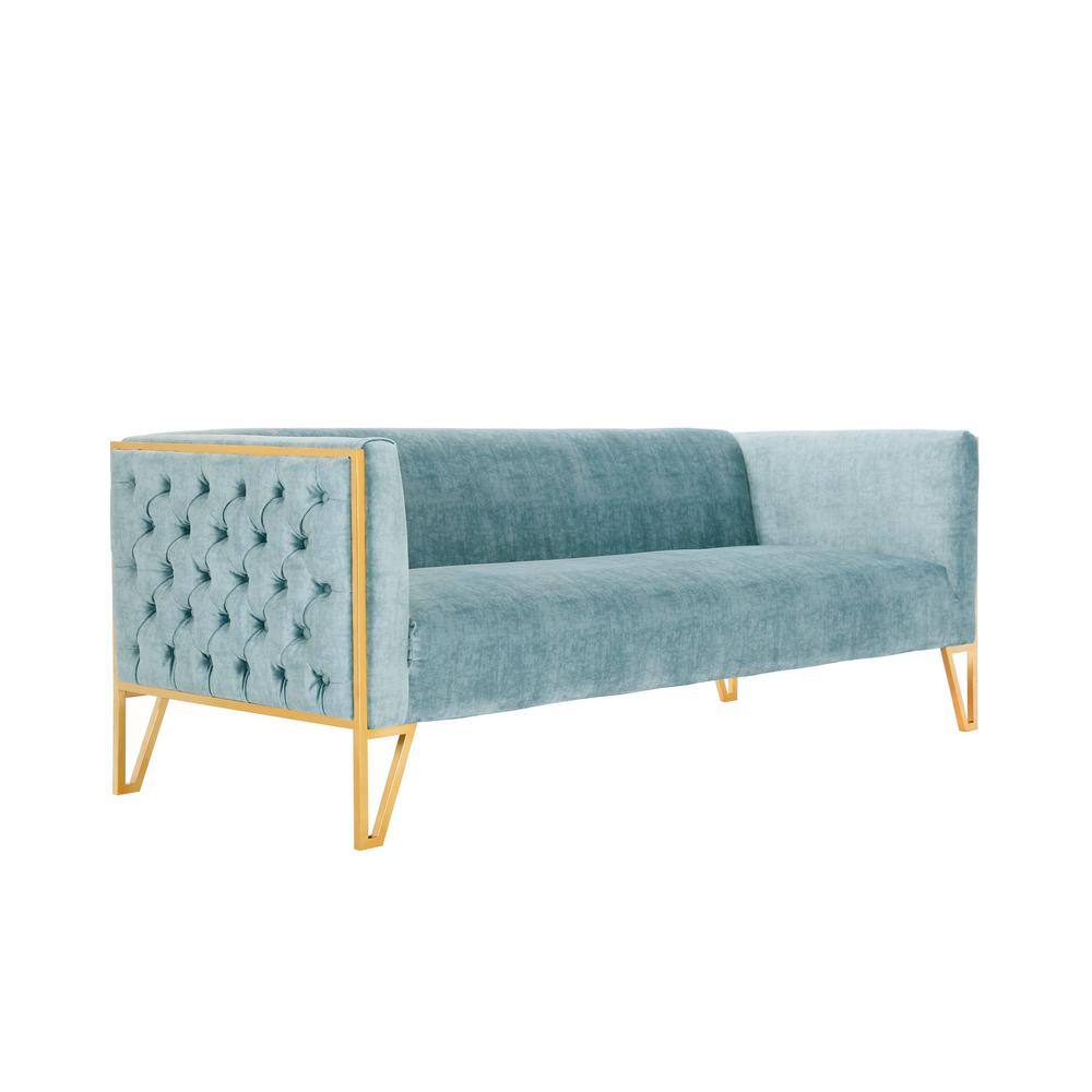 Ocean Blue Velvet Sofa and Armchair Set with Gold Legs