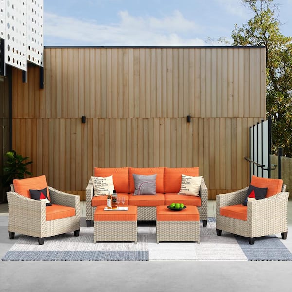 HOOOWOOO Oconee Beige 5-Piece Beautiful Outdoor Patio Conversation Sofa Seating Set with Orange Red Cushions