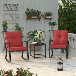 3-Piece Mental Rocking Patio Conversation Set with Cushion Red