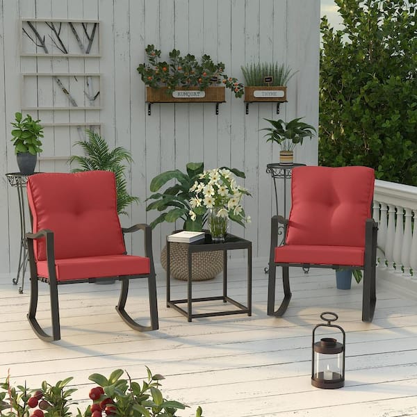 Halmuz 3-Piece Mental Rocking Patio Conversation Set with Cushion Red