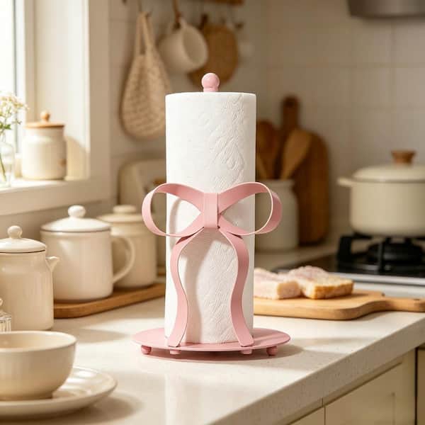 Pink Paper Towel Holder with Countertop, Weighted Base for Kitchen, Coquette Room Decor and Gifts (1-Pack)