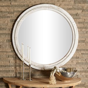 36 in. x 36 in. Carved Wood Round Framed White Wall Mirror with Whitewashed Beaded Frame