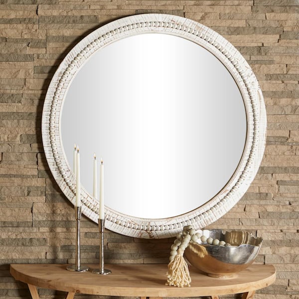 Litton Lane 36 in. x 36 in. Carved Wood Round Framed White Wall Mirror with Whitewashed Beaded Frame