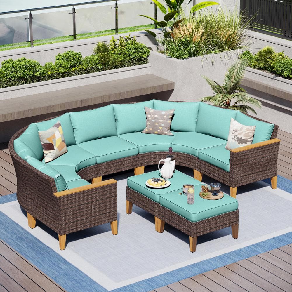 Brown Rattan Wicker 9 Seat 9-Piece Steel Outdoor Patio Conversation Set with Blue Cushions price history on PriceWatchPro