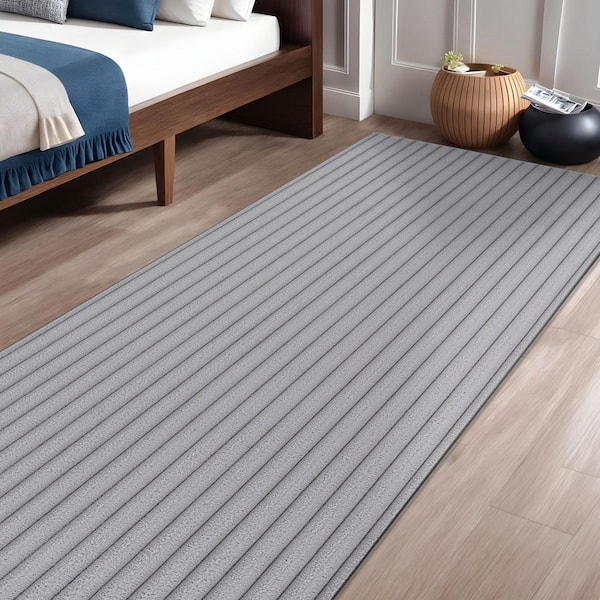 UltraPlush Touch 2 ft. x 7 ft. Grey Non-Slip Rubber Back Washable Polyester Stripes Indoor Area Rug