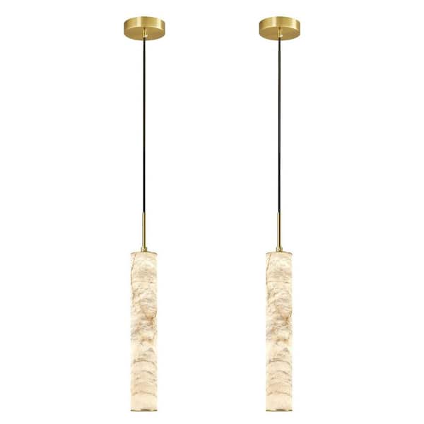 Natural Alabaster 10W 1-Light Gold 2-Pack 4000K Integrated LED Pendant Lights with White Marble Long Tube Shade
