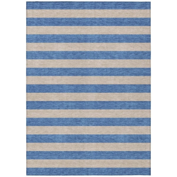 HomeRoots Blue and Tan 5 ft. x 8 ft. Woven Striped Polyester Rectangle Indoor/Outdoor Area Rug