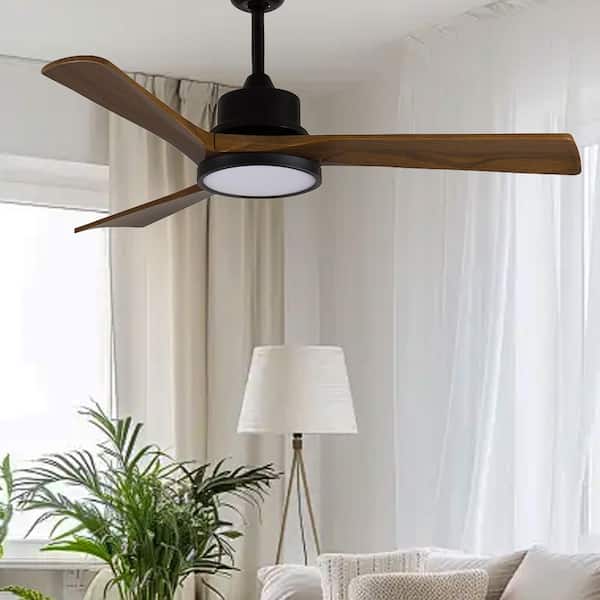 42 in. Modern Black Solid Wood Brown Downrod Mount Standard Ceiling Fan with Dimmable Full-Spectrum LED Light and APP