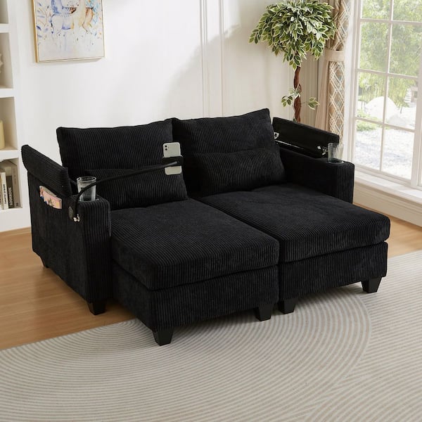 Black 63 in. Convertible Corduroy Sleeper Sofa Bed with USB Ports, 2 Cup Holders, Phone Holder&Ample Storage