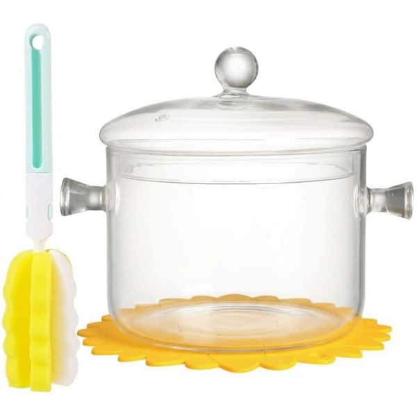 2.11 qt. Clear Silicone Induction Soup Pots, 2 L Clear Borosilicate Glass Cooking Pot Set with Brush