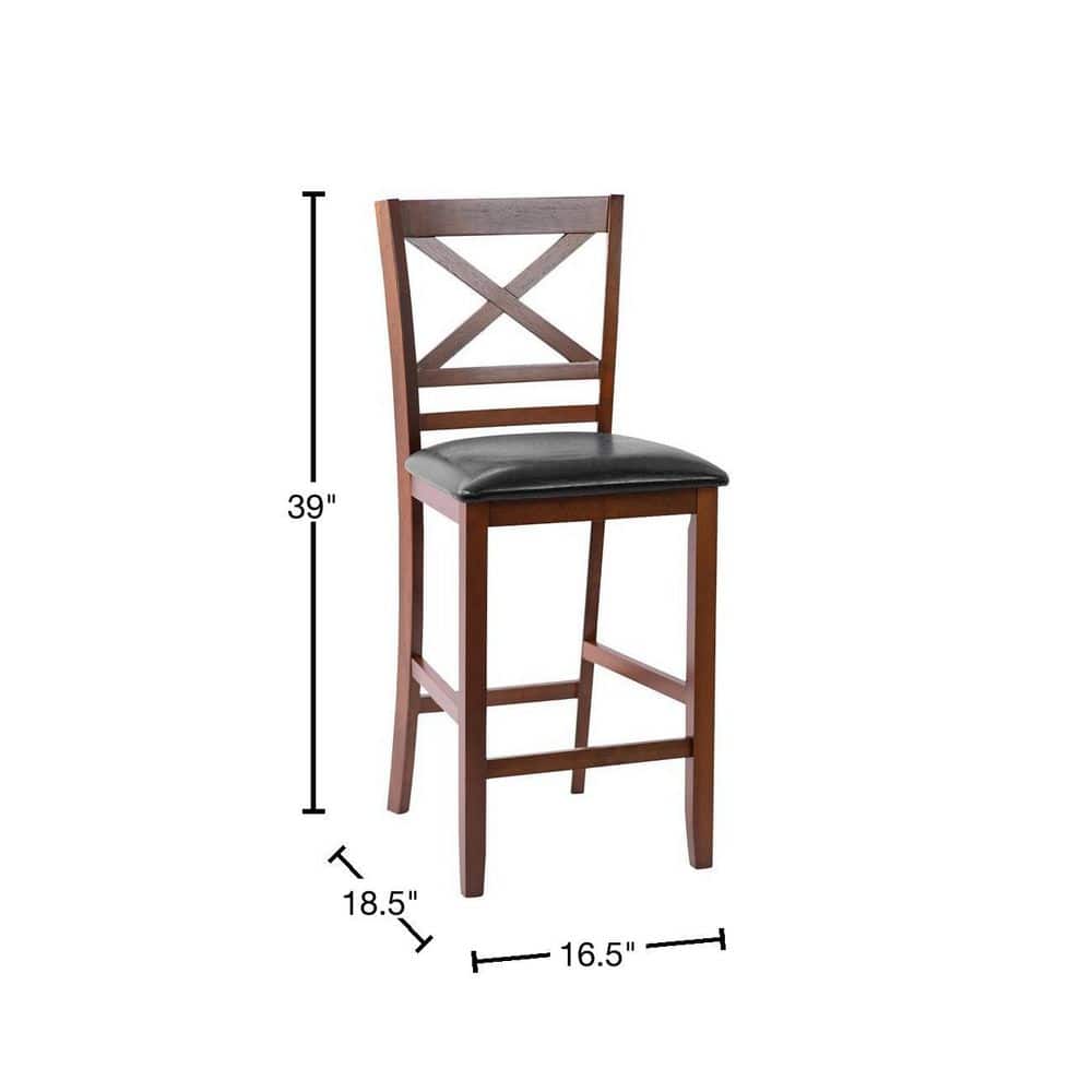 Elegant 25'' Black Leather & Glossy Walnut Wood Counter Stools, Set of 4