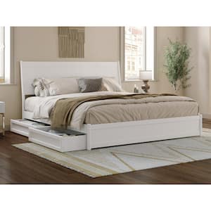 Casanova White Solid Wood Frame King Platform Bed with Panel Footboard and Storage Drawers