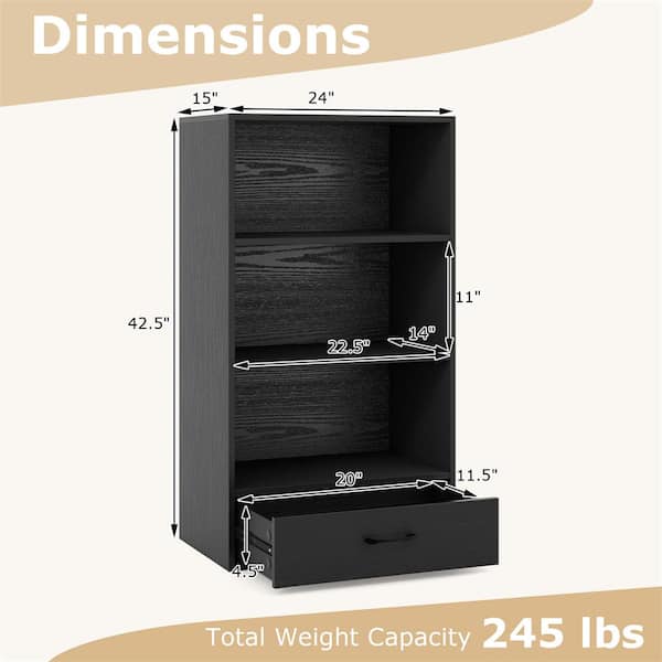 Costway 24 in. Wide Black 3-Shelf Mordern Storage Bookcase