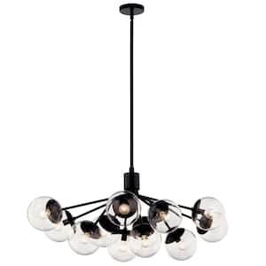 Silvarious 48 in. 12-Light Black Modern Clear Glass Shaded Linear Convertible Chandelier for Dining Room