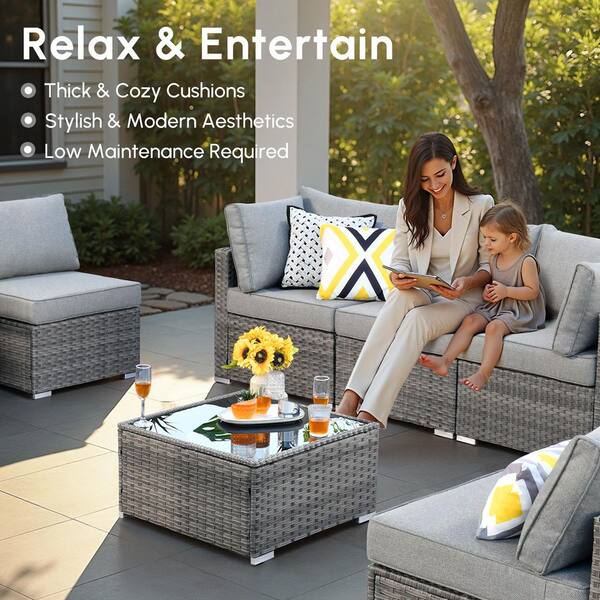HOOOWOOO Messi Gray 7-Piece Wicker Outdoor Patio Conversation