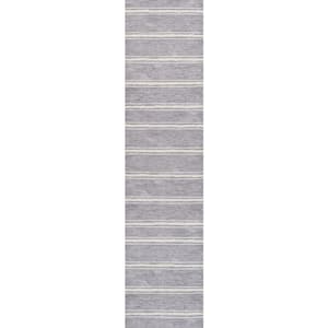 Bande Distressed Ticking Stripe Machine-Washable Lavender/Ivory 2 ft. x 8 ft. Area Rug