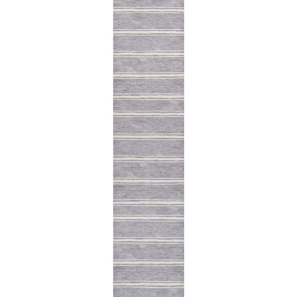 Bande Distressed Ticking Stripe Machine-Washable Lavender/Ivory 2 ft. x 8 ft. Area Rug